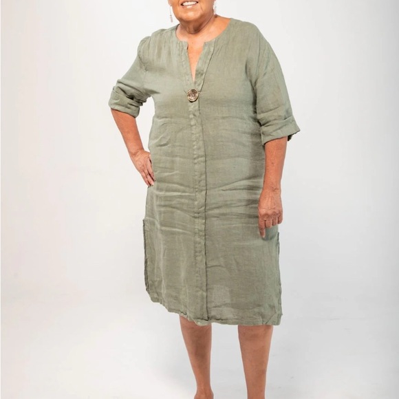 Dresses & Skirts - Stylish Green Linen Dress Size Medium Large